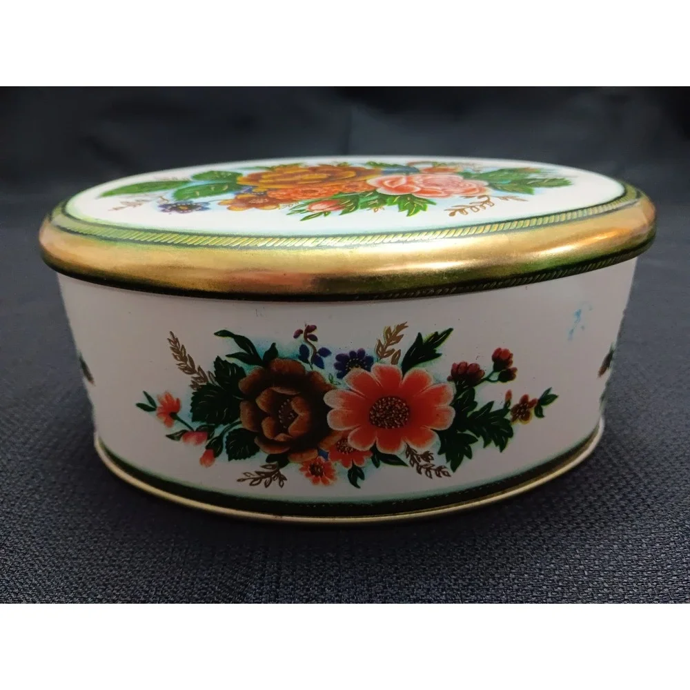 Oval Floral Tin Metal Box Meister Made In Brazil Trinket Jewelry Candy‎ Storage